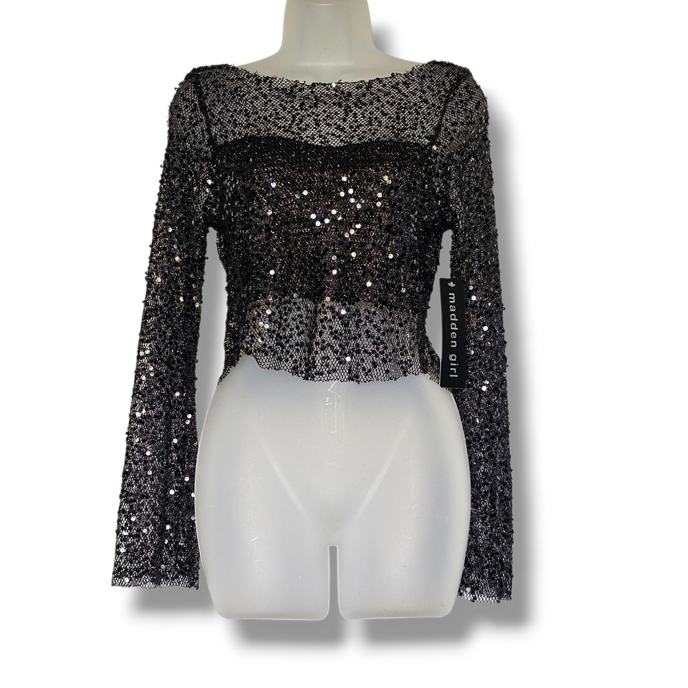 Madden Girl Crop Top M Black Sequin Cowl Back Mesh Whimsigoth Glam Y2K Party NEW